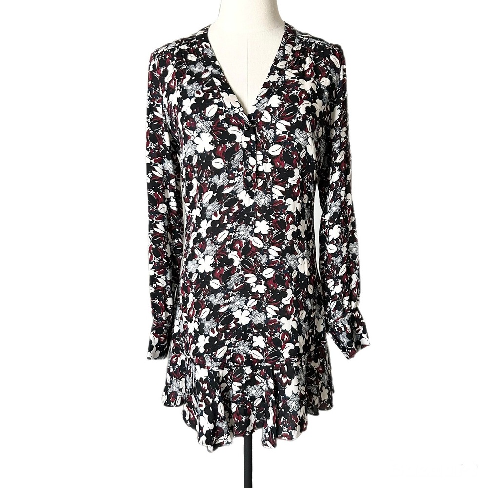 Veronica Beard Mini Dress 100% Silk Black Multi Floral V-Neck Ruffle Hem Size 2